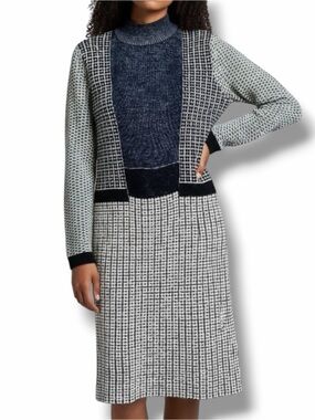 Carven Knit Merino Wool Sweater Dress NWT Size Large Navy White Luxury